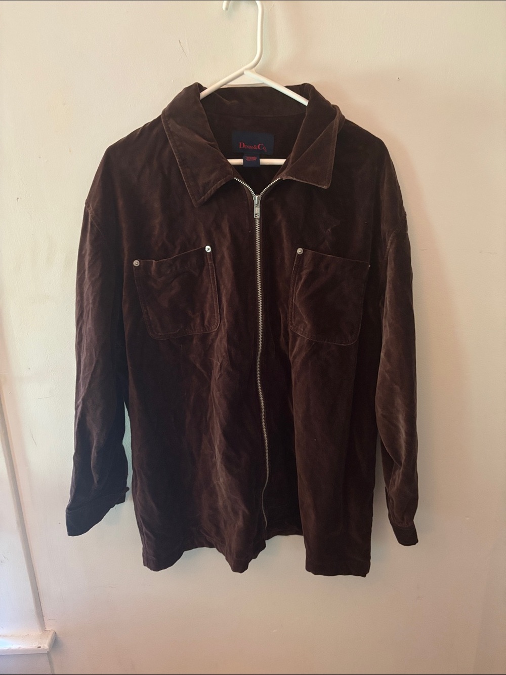 Denim & Co. Brown Velour Zip Up Jacket Shacket Studded Pockets - Size L